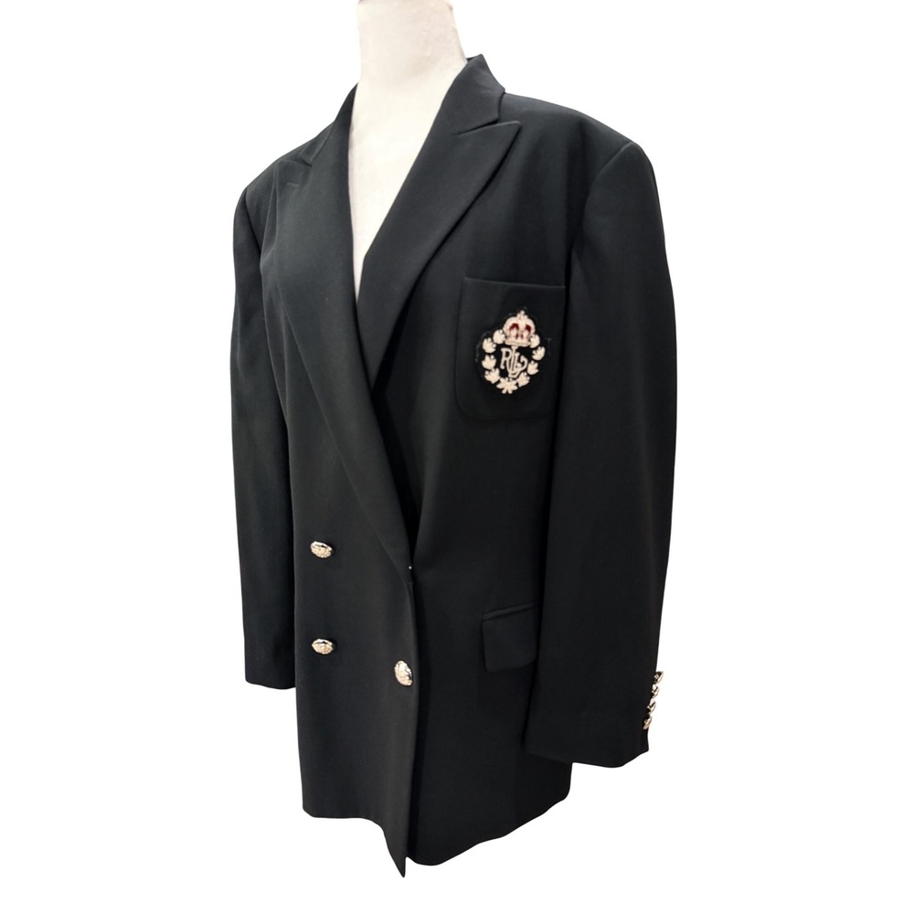 Lauren Ralph Lauren Blazer Women 16 Black Wool Bullion Crest Double Breasted